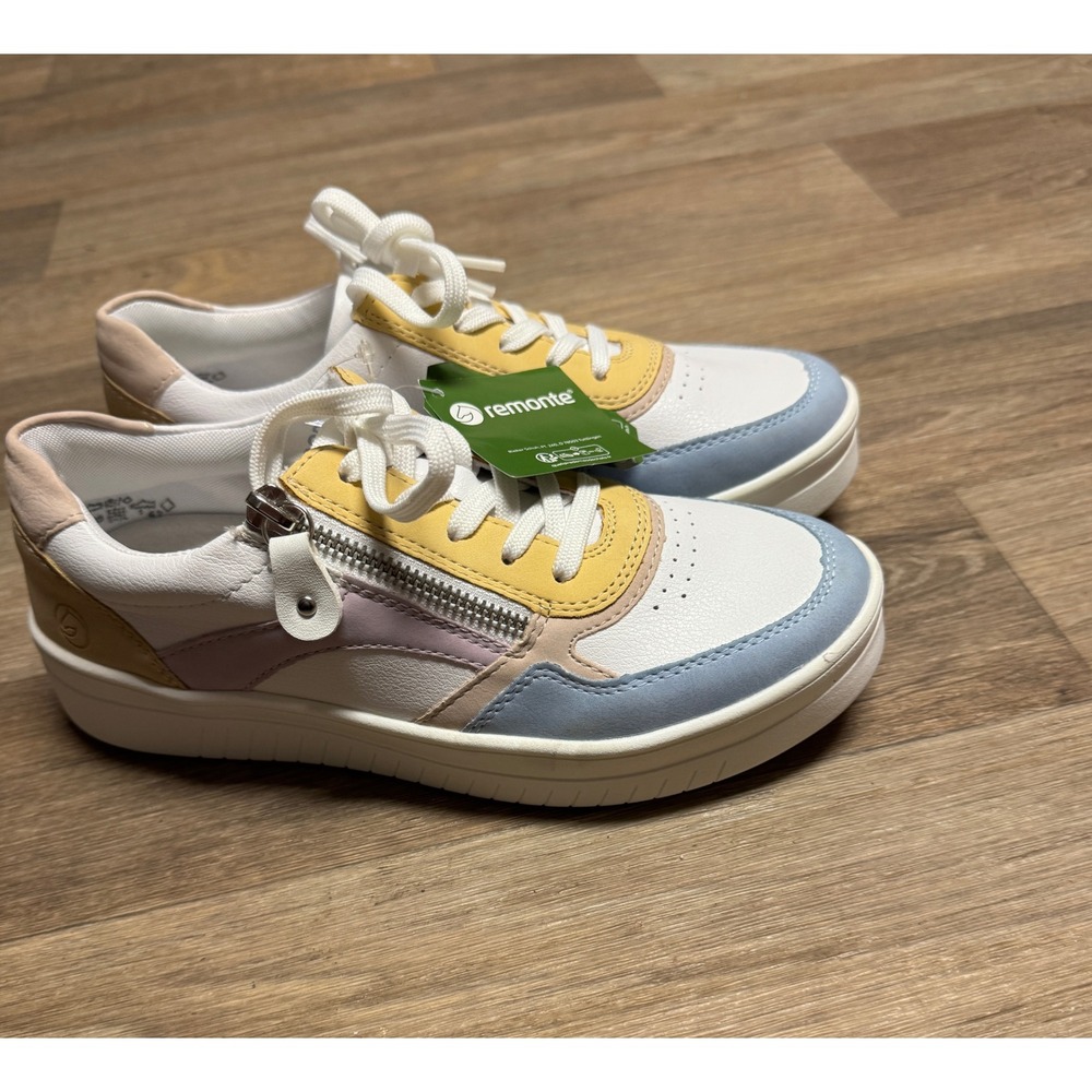 Remonte Women Pastel Colorblock Leather Sneakers Side Zip Low Top White Yellow - Picture 4 of 9